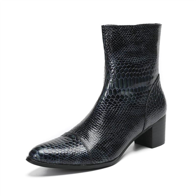 Botas Masculinas Serpente Brilhante Pontiaguda Captoe Elevador Ankle Boots - Azul