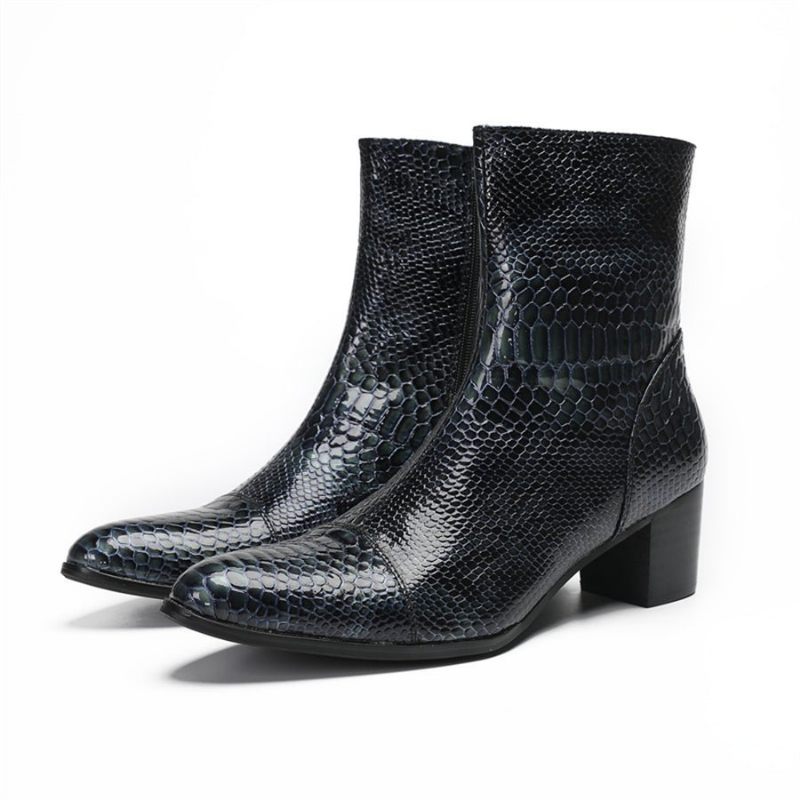 Botas Masculinas Serpente Brilhante Pontiaguda Captoe Elevador Ankle Boots - Azul