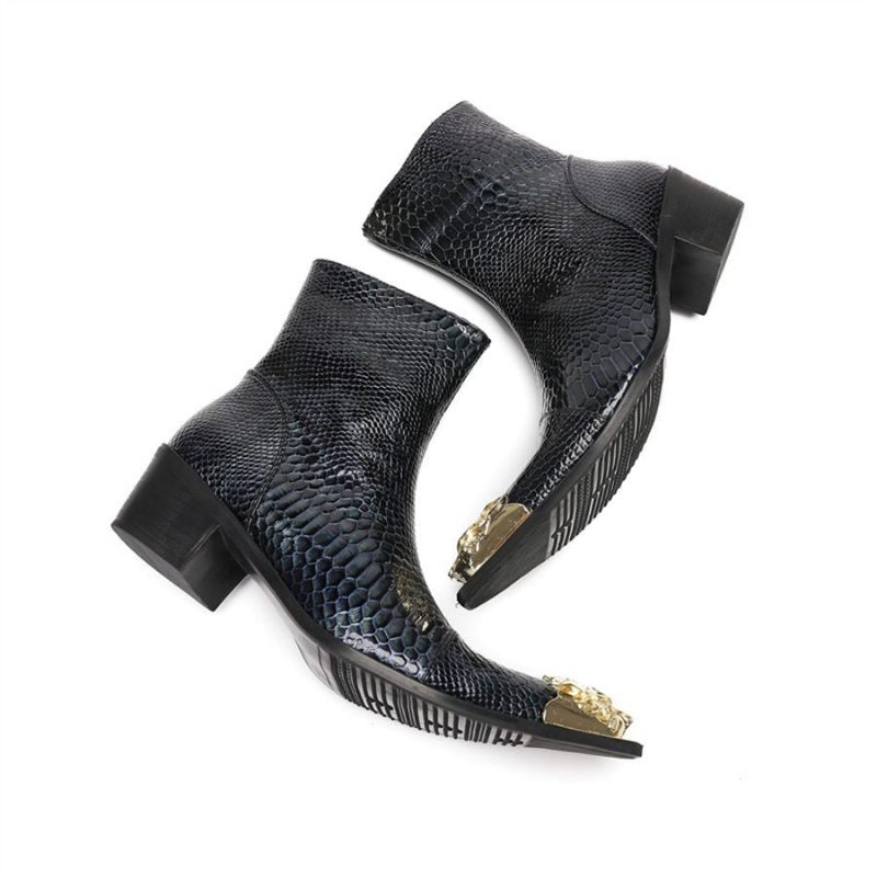 Botas Masculinas Serpente Brilhante Pontiaguda Captoe Elevador Ankle Boots - Azul