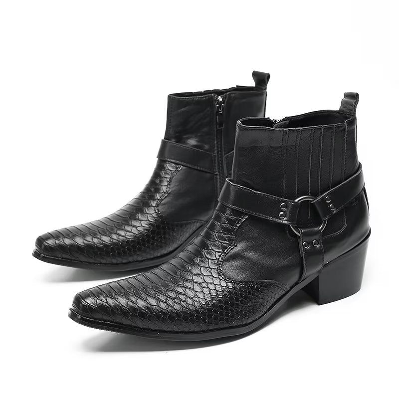 Botas Masculinas Serpente Luxo Em Couro Preto Para Festa Tornozelo - Preto