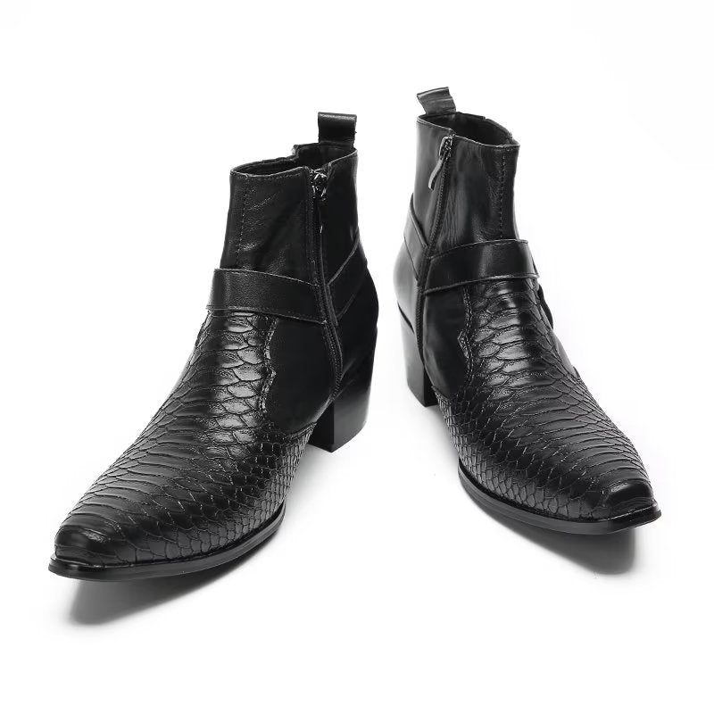 Botas Masculinas Serpente Luxo Em Couro Preto Para Festa Tornozelo - Preto