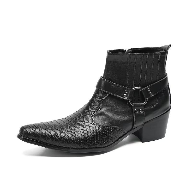 Botas Masculinas Serpente Luxo Em Couro Preto Para Festa Tornozelo - Preto