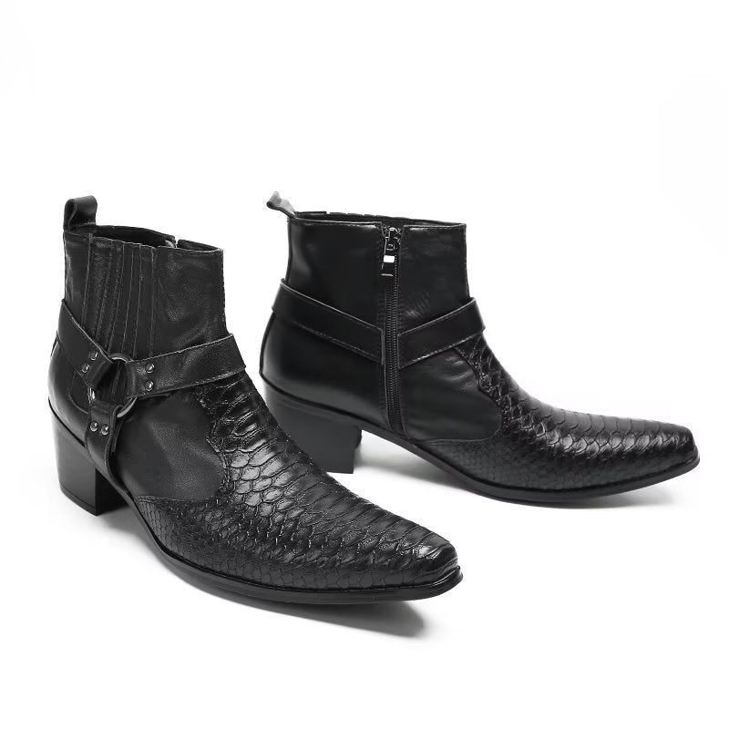 Botas Masculinas Serpente Luxo Em Couro Preto Para Festa Tornozelo - Preto