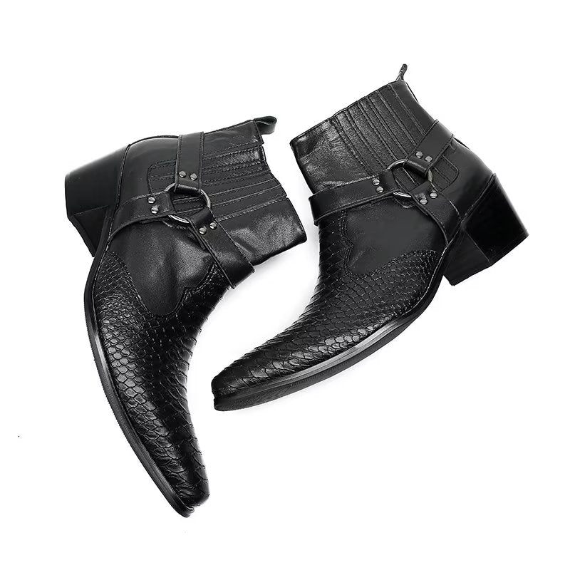 Botas Masculinas Serpente Luxo Em Couro Preto Para Festa Tornozelo - Preto