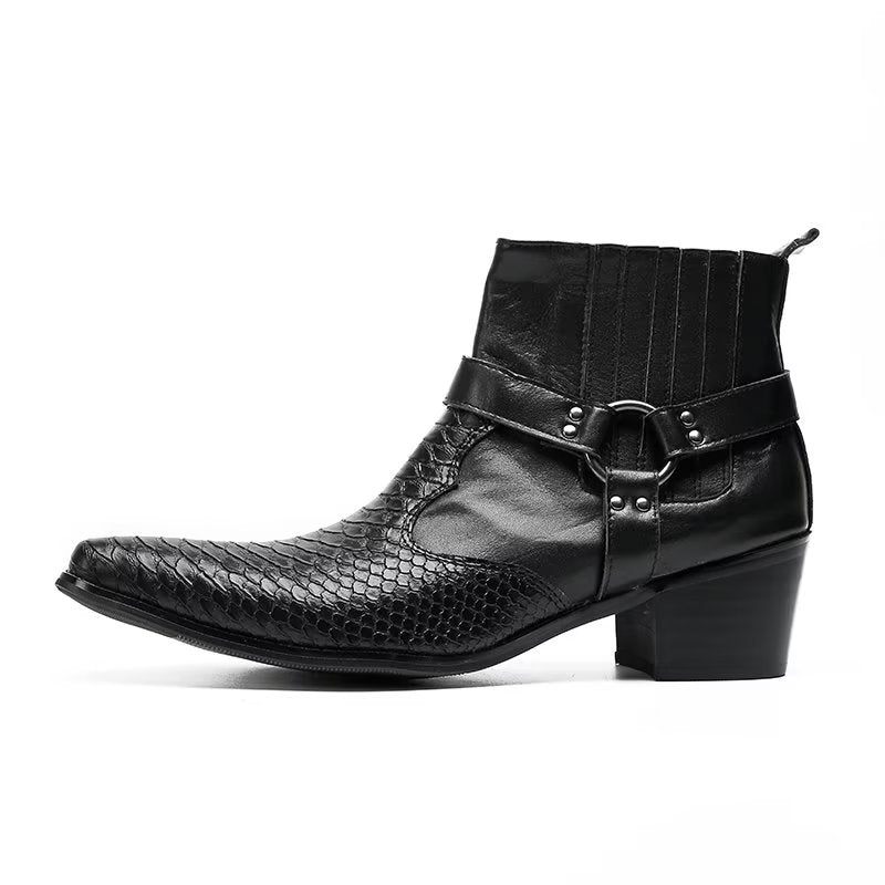 Botas Masculinas Serpente Luxo Em Couro Preto Para Festa Tornozelo - Preto