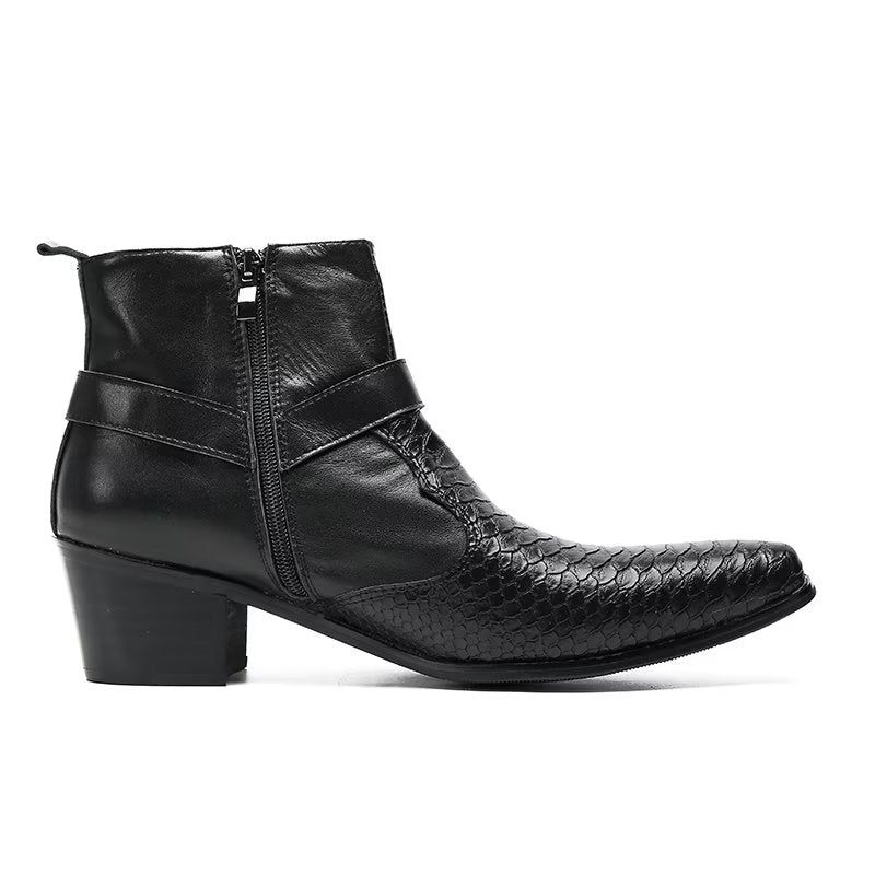 Botas Masculinas Serpente Luxo Em Couro Preto Para Festa Tornozelo - Preto