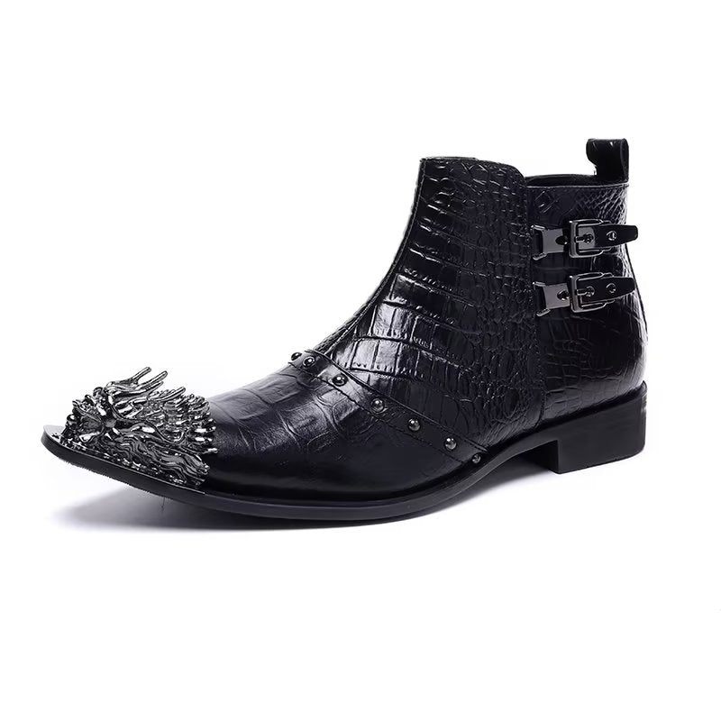 Botas Masculinas Sociais Couro Com Textura Crocodilo Requintadas - Preto