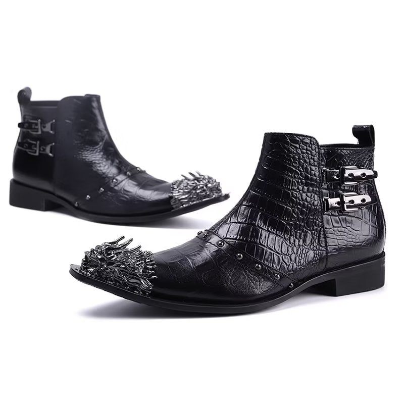 Botas Masculinas Sociais Couro Com Textura Crocodilo Requintadas - Preto