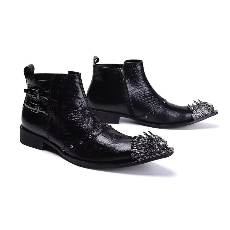 Botas Masculinas Sociais Couro Com Textura Crocodilo Requintadas - Preto