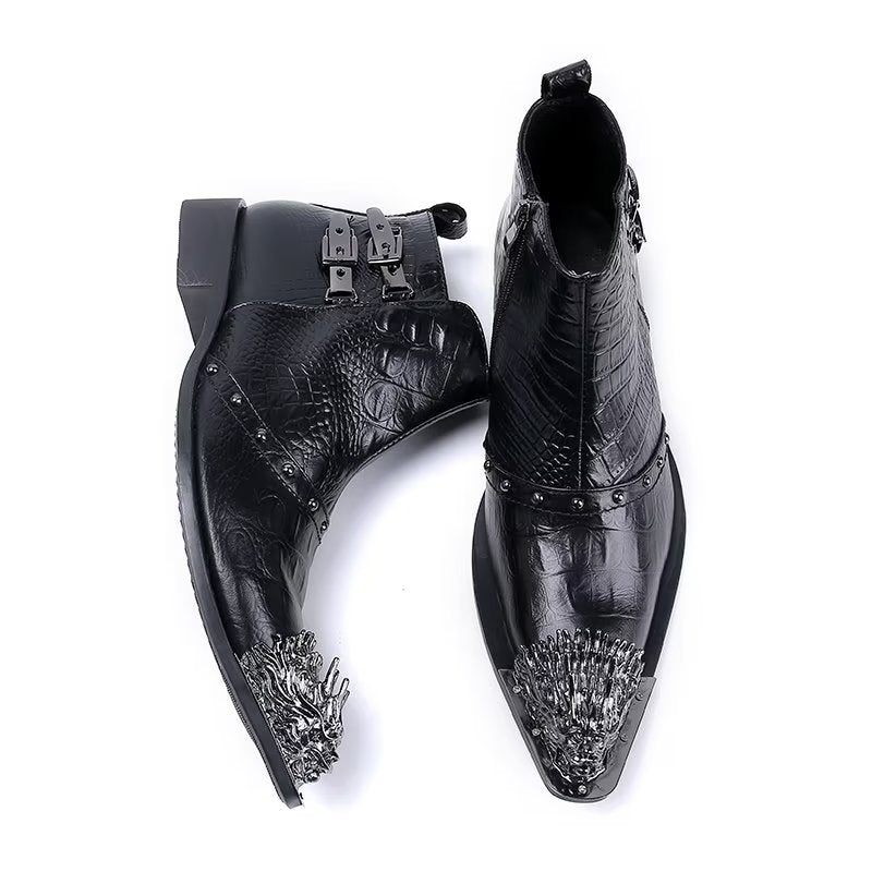 Botas Masculinas Sociais Couro Com Textura Crocodilo Requintadas - Preto