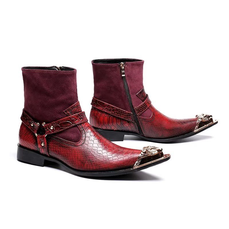 Botas Masculinas Sociais Requintadas Couro Com Relevo Em Crocodilo - Vermelho