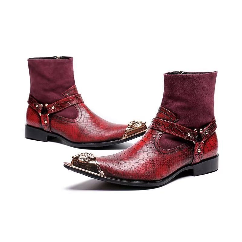 Botas Masculinas Sociais Requintadas Couro Com Relevo Em Crocodilo - Vermelho