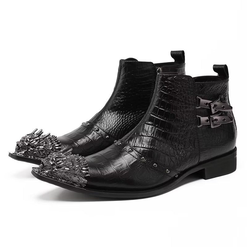 Botas Masculinas Sociais Requintadas Couro Com Textura Crocodilo - Preto