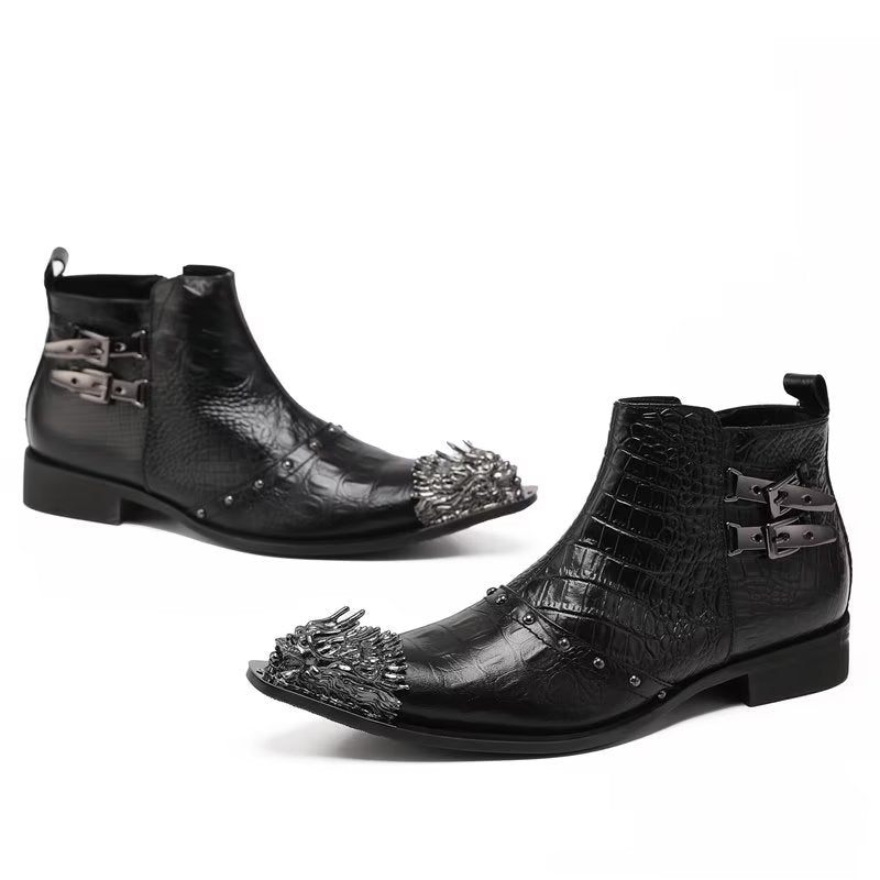 Botas Masculinas Sociais Requintadas Couro Com Textura Crocodilo - Preto