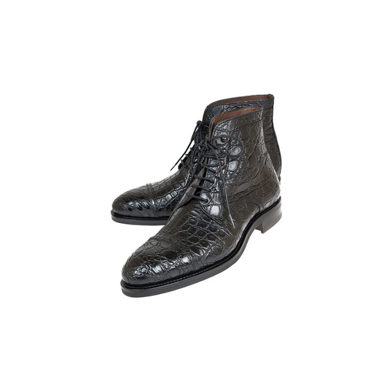 Botas Masculinas Suave Tornozelo Jacaré Britânico Com Cadarço - Preto