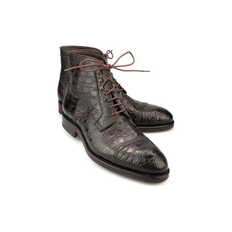 Botas Masculinas Suave Tornozelo Jacaré Britânico Com Cadarço - Café