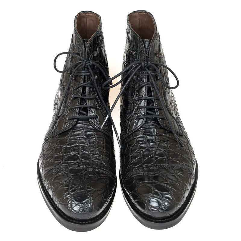 Botas Masculinas Suave Tornozelo Jacaré Britânico Com Cadarço - Preto