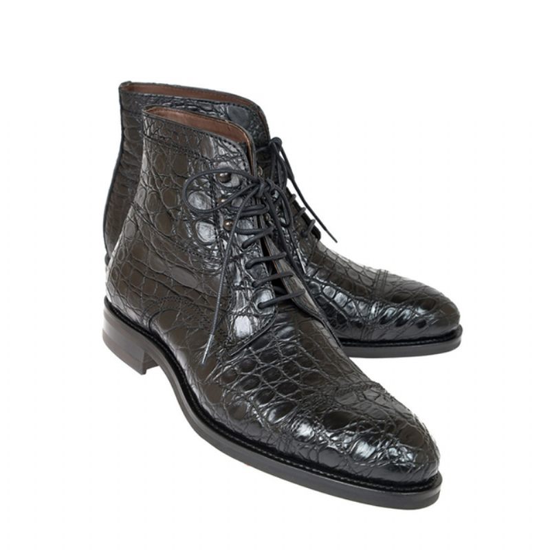 Botas Masculinas Suave Tornozelo Jacaré Britânico Com Cadarço - Preto