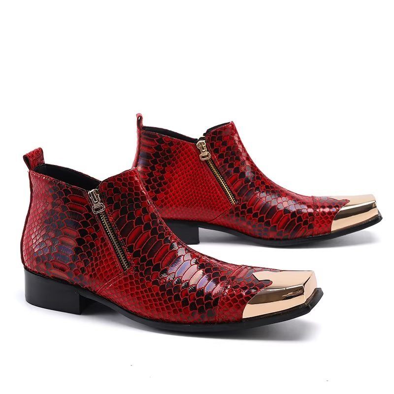 Botas Masculinas Tornozelo Couro Com Textura Crocodilo Luxo - Vermelho