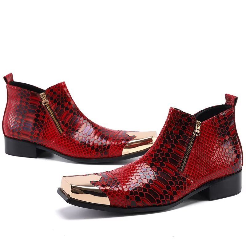 Botas Masculinas Tornozelo Couro Com Textura Crocodilo Luxo - Vermelho