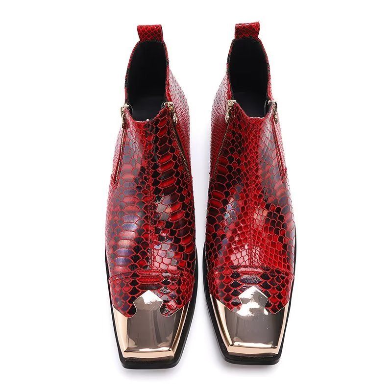 Botas Masculinas Tornozelo Couro Com Textura Crocodilo Luxo - Vermelho