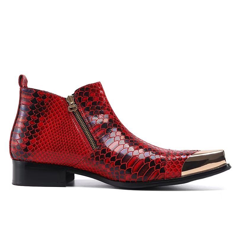 Botas Masculinas Tornozelo Couro Com Textura Crocodilo Luxo - Vermelho