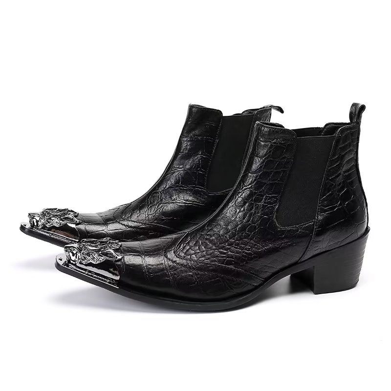 Botas Masculinas Tornozelo Couro Com Textura Crocodilo Luxo - Preto