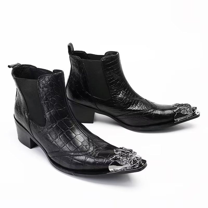 Botas Masculinas Tornozelo Couro Com Textura Crocodilo Luxo - Preto