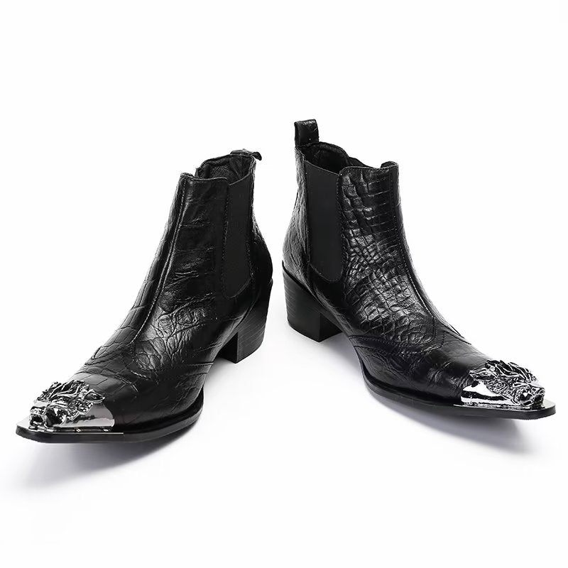 Botas Masculinas Tornozelo Couro Com Textura Crocodilo Luxo - Preto