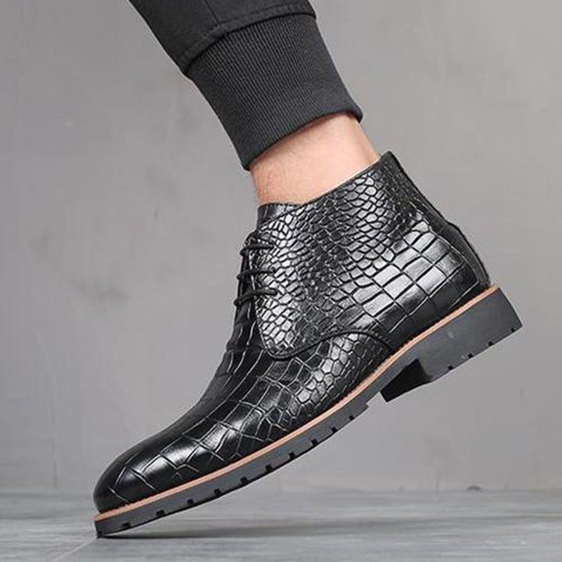 Botas Masculinas Tornozelo Couro Exótico Com Cordões - Preto