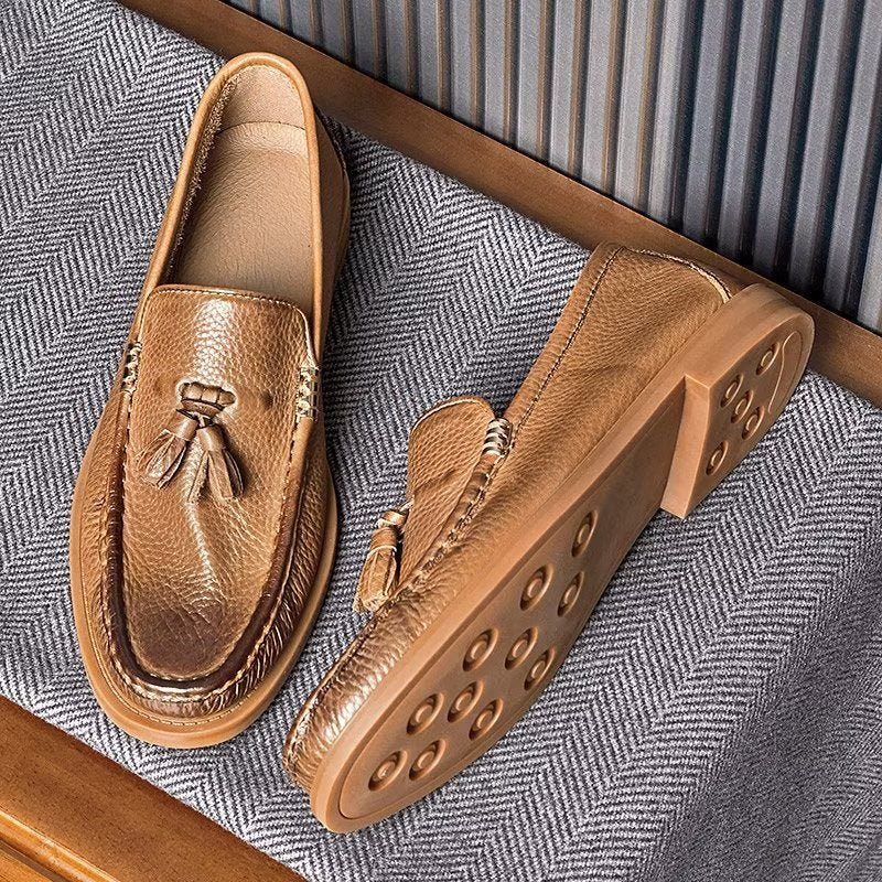 Mocassins Masculinos Chiques Com Borla Em Relevo E Slip-on - Marrom