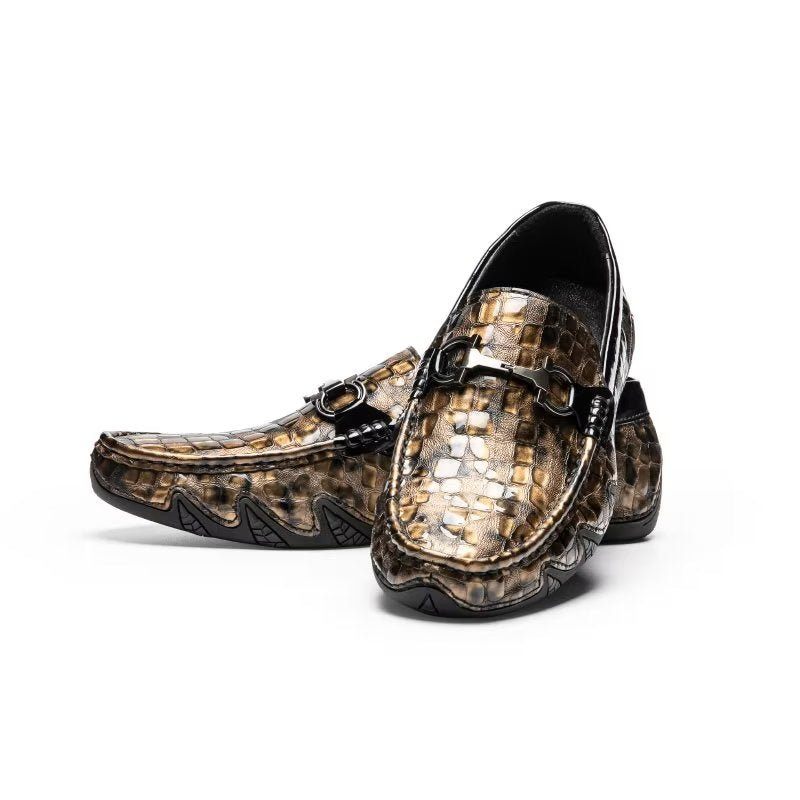 Mocassins Masculinos Com Bico Metal Exótico Sem Cadarço - Ouro