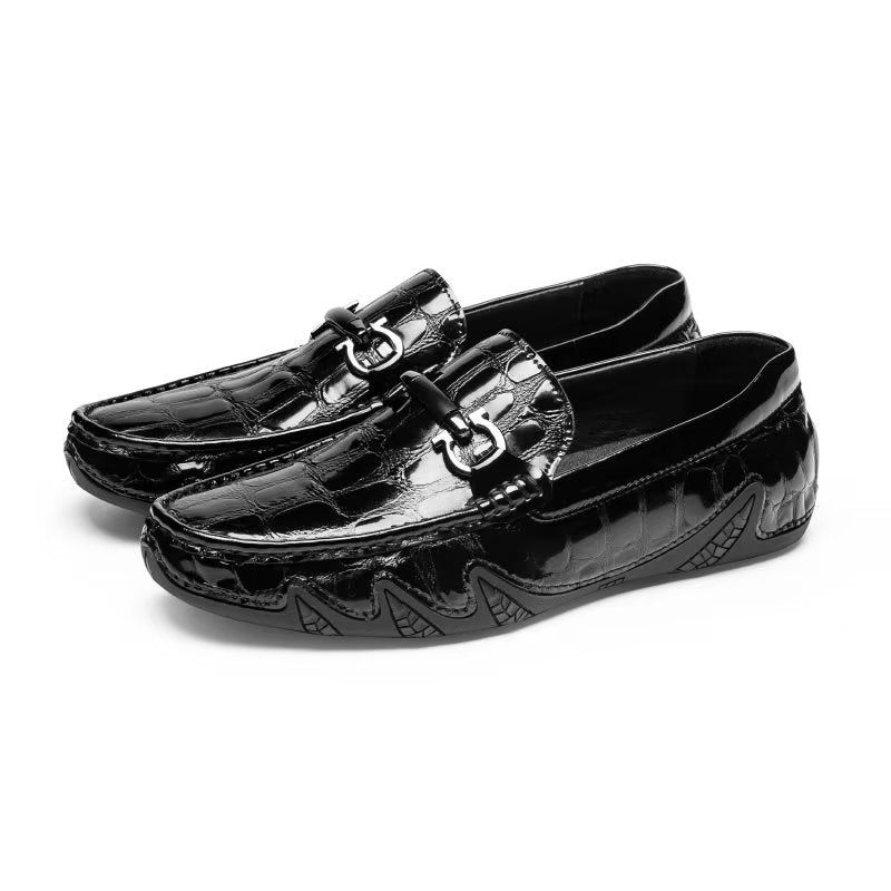 Mocassins Masculinos Com Bico Metal Exótico Sem Cadarço - Preto