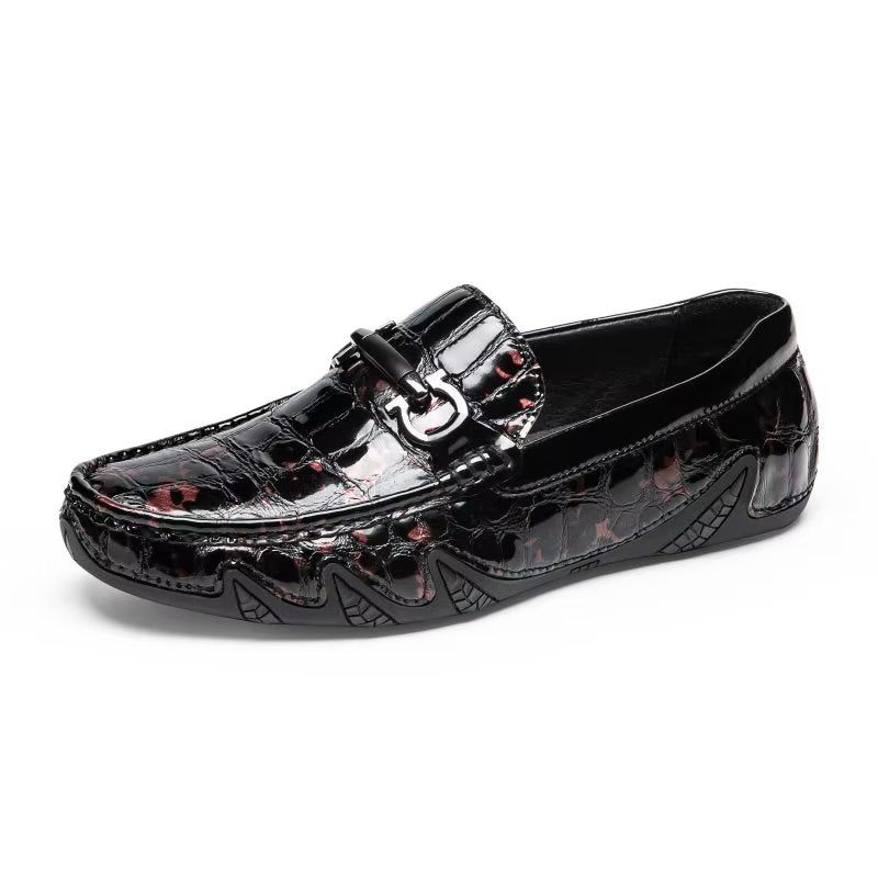 Mocassins Masculinos Com Bico Metal Exótico Sem Cadarço - Vermelho