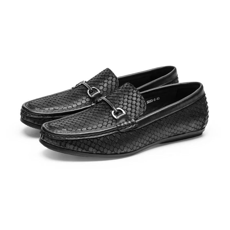 Mocassins Masculinos Com Bico Metal Exótico Sem Cadarço - Preto