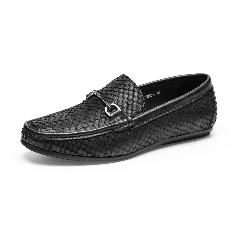 Mocassins Masculinos Com Bico Metal Exótico Sem Cadarço - Preto