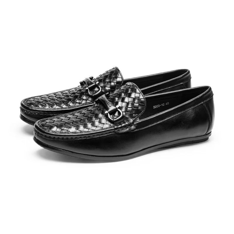 Mocassins Masculinos Com Bico Metal Exótico Sem Cadarço - Preto