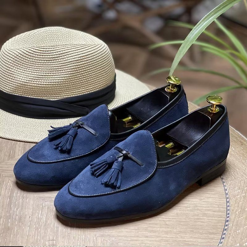 Mocassins Masculinos Com Bico Redondo E Deslizamento Em Couro - Azul