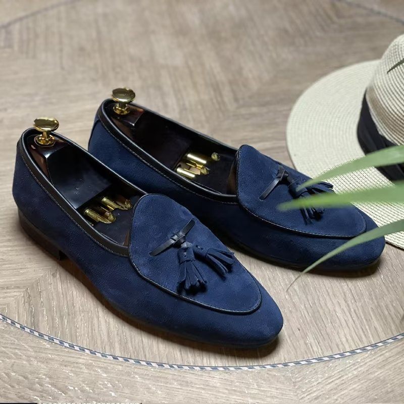 Mocassins Masculinos Com Bico Redondo E Deslizamento Em Couro - Azul