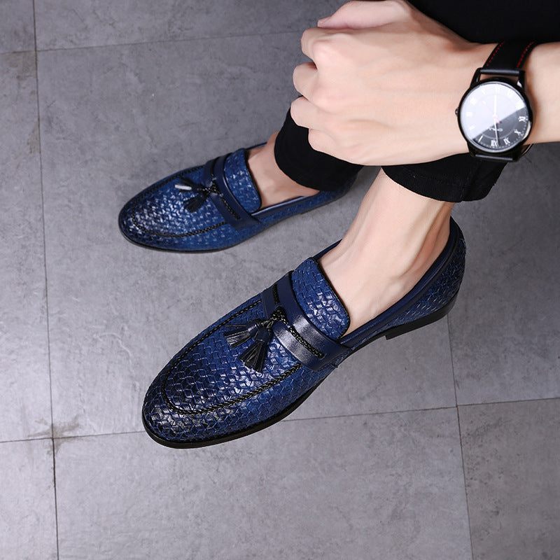 Mocassins Masculinos Com Borla Chique Couro Fivela E Sapatos Casamento - Azul