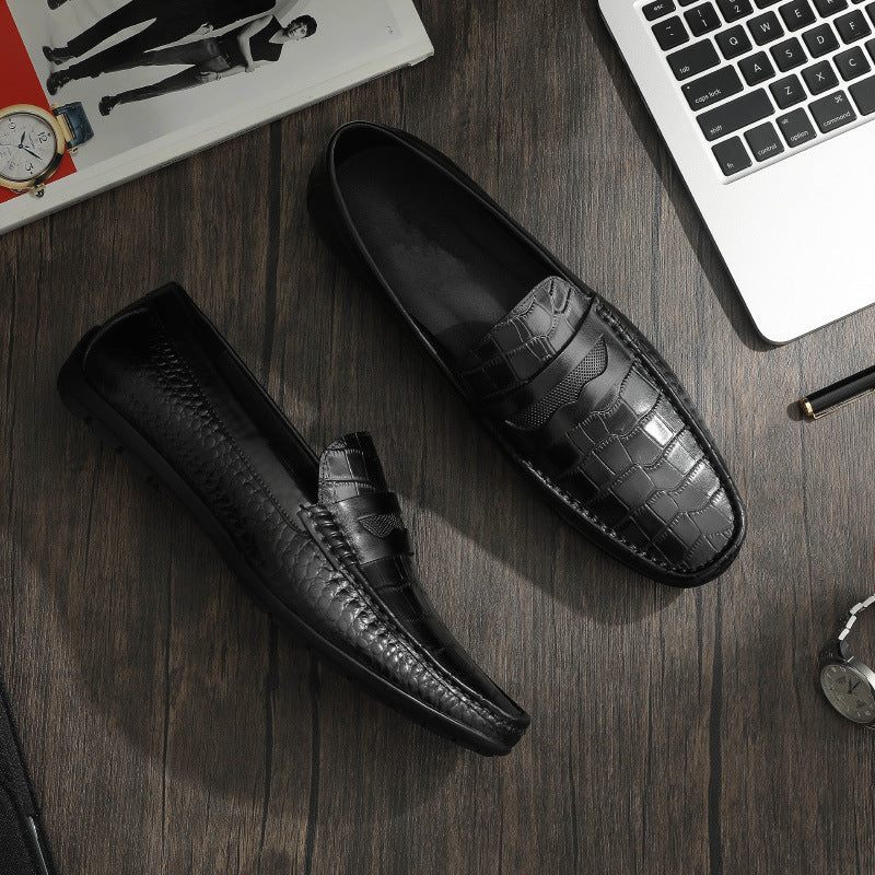 Mocassins Masculinos Com Efeito Crocodilo E Sapatos Sociais - Preto