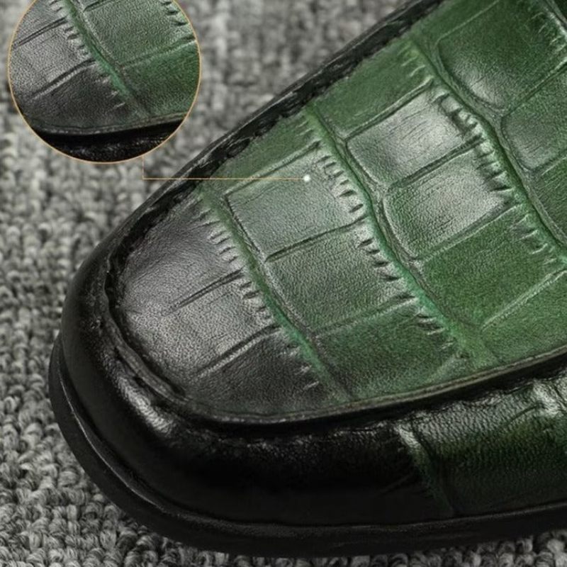 Mocassins Masculinos Couro Crocodilo Exótico Biqueira Metal Deslizantes - Verde