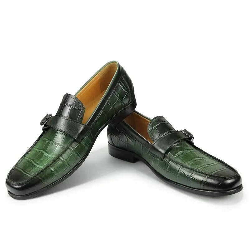 Mocassins Masculinos Couro Crocodilo Exótico Biqueira Metal Deslizantes - Verde