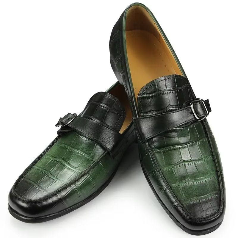 Mocassins Masculinos Couro Crocodilo Exótico Biqueira Metal Deslizantes - Verde