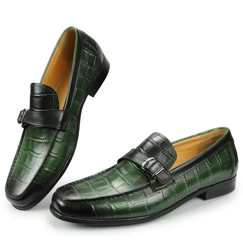 Mocassins Masculinos Couro Crocodilo Exótico Biqueira Metal Deslizantes - Verde