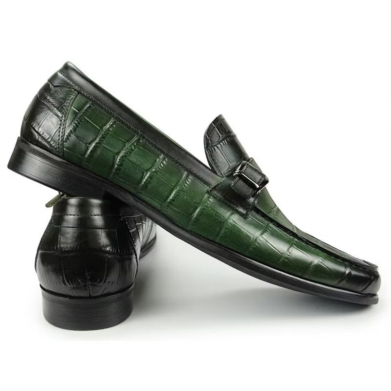 Mocassins Masculinos Couro Crocodilo Exótico Biqueira Metal Deslizantes - Verde