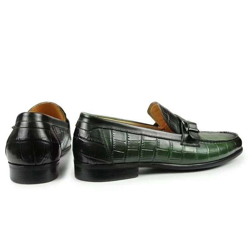 Mocassins Masculinos Couro Crocodilo Exótico Biqueira Metal Deslizantes - Verde