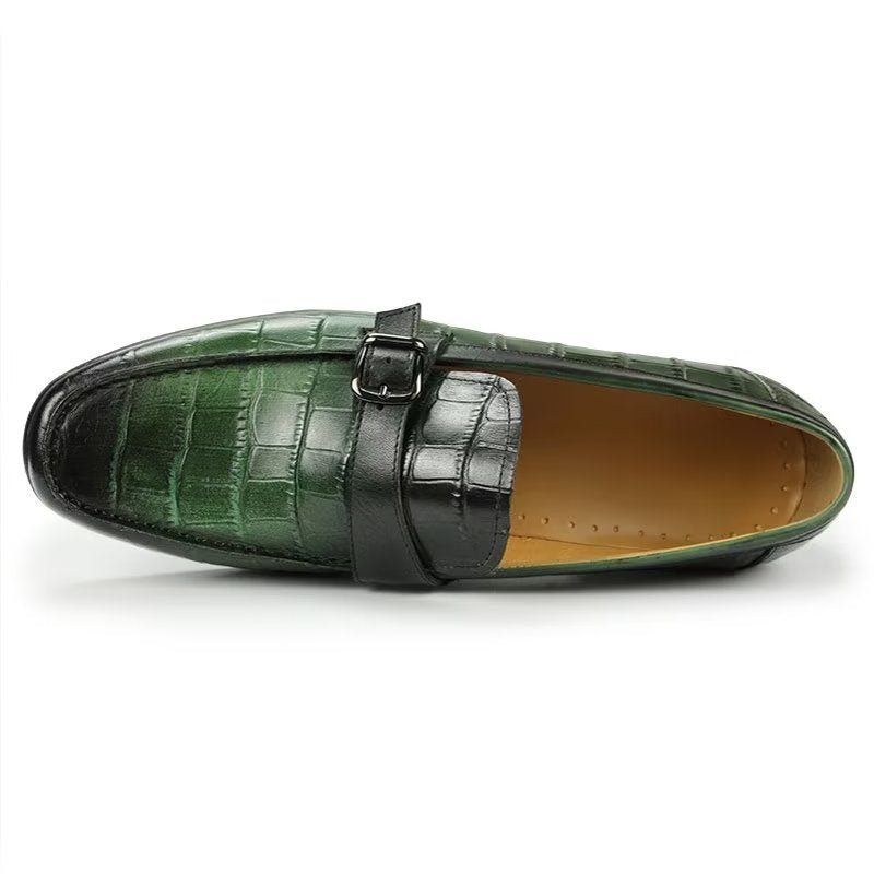 Mocassins Masculinos Couro Crocodilo Exótico Biqueira Metal Deslizantes - Verde