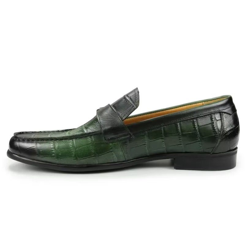 Mocassins Masculinos Couro Crocodilo Exótico Biqueira Metal Deslizantes - Verde