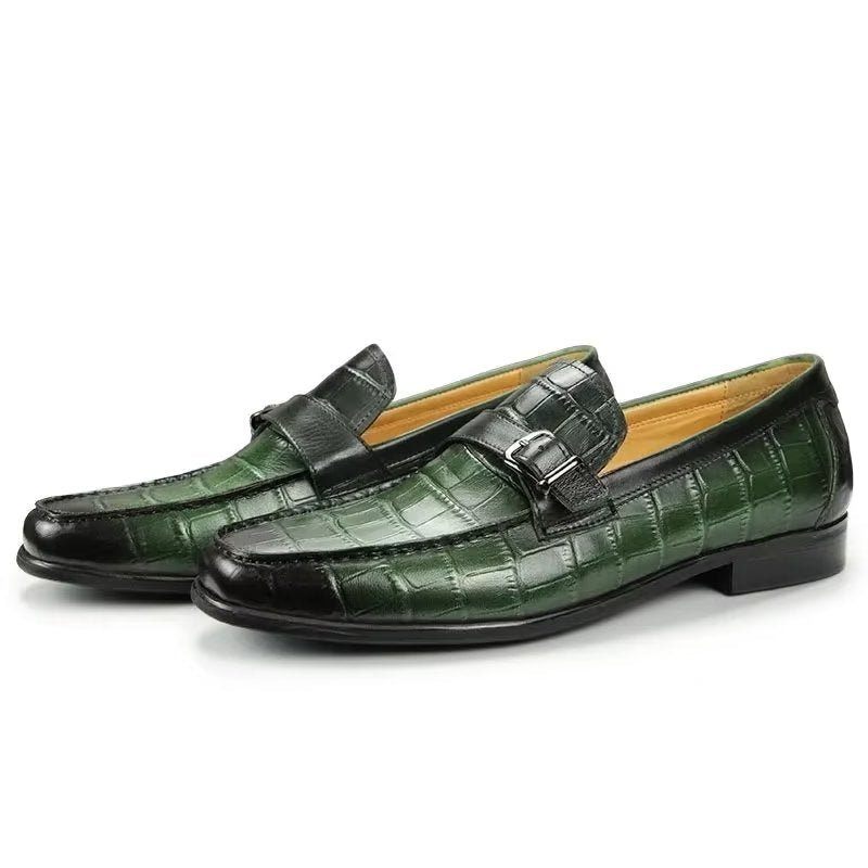 Mocassins Masculinos Couro Crocodilo Exótico Biqueira Metal Deslizantes - Verde